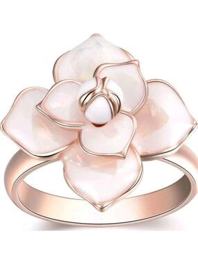 Blooming Flower Statement Ring With Rose Gold Finish and Enamel Petals